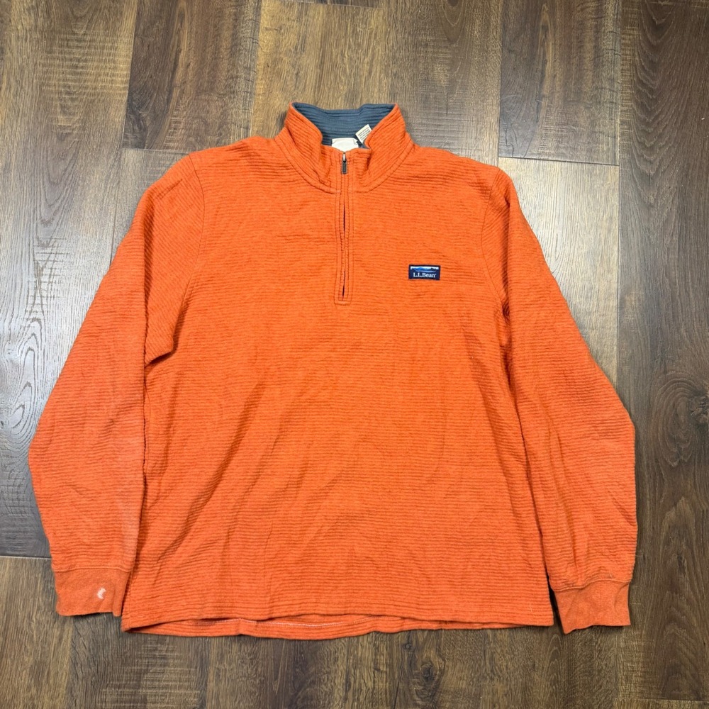 L.L. Bean Men's Size Large Orange 1/4 Zip Textured Fleece Pullover